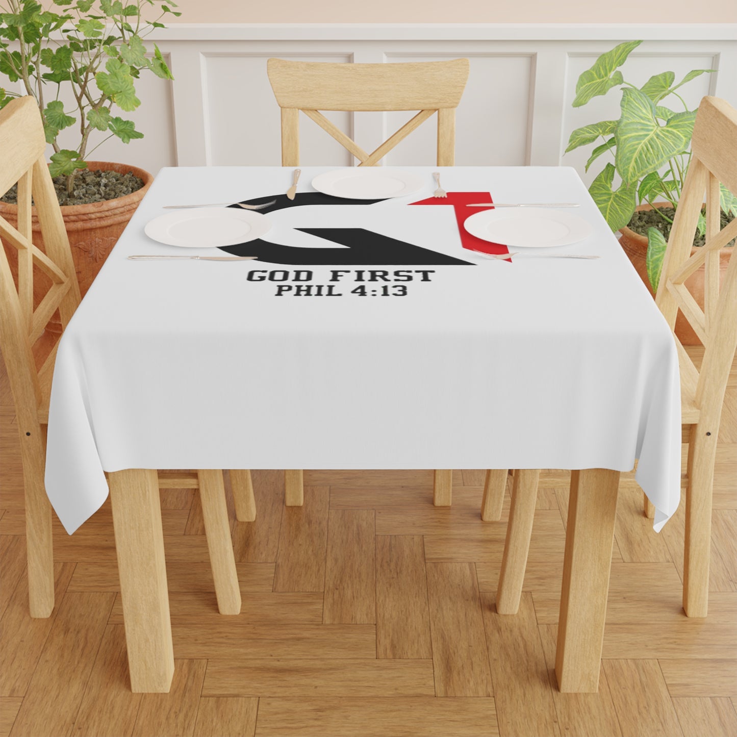 Inspirational Tablecloth, Motivational Dining Decor, God First Table Cover, Christian Home Accent, Religious Gathering Decor, [...]